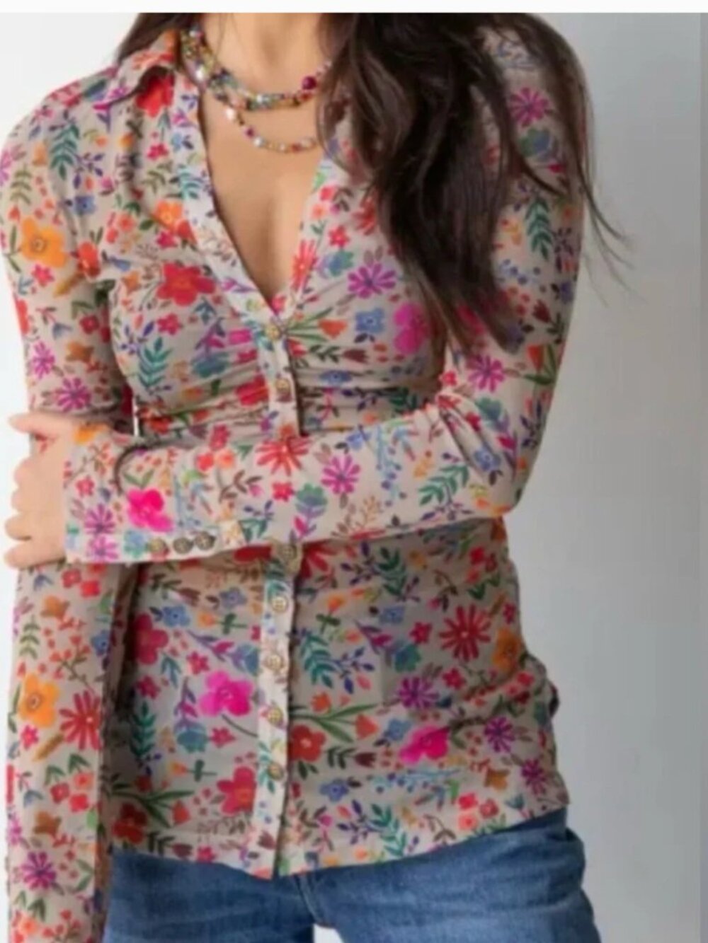 Natural Life Womens Boho Mesh Floral Button Front Top Size Small Long Sleeve New - Picture 15 of 16